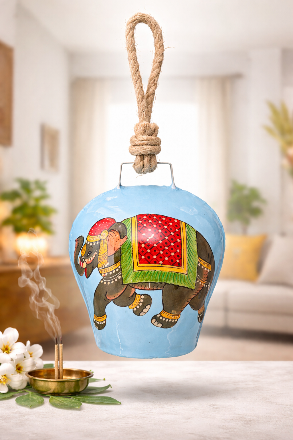 WARMINGO DE Elephant Hanging Bell for Home Decor | Metal Decorative Wall Door Bell with Natural Jute Rope | Vintage Rajasthani Style Wind Chime for Entrance, Living Room, Balcony | Gift Item (BLUE)