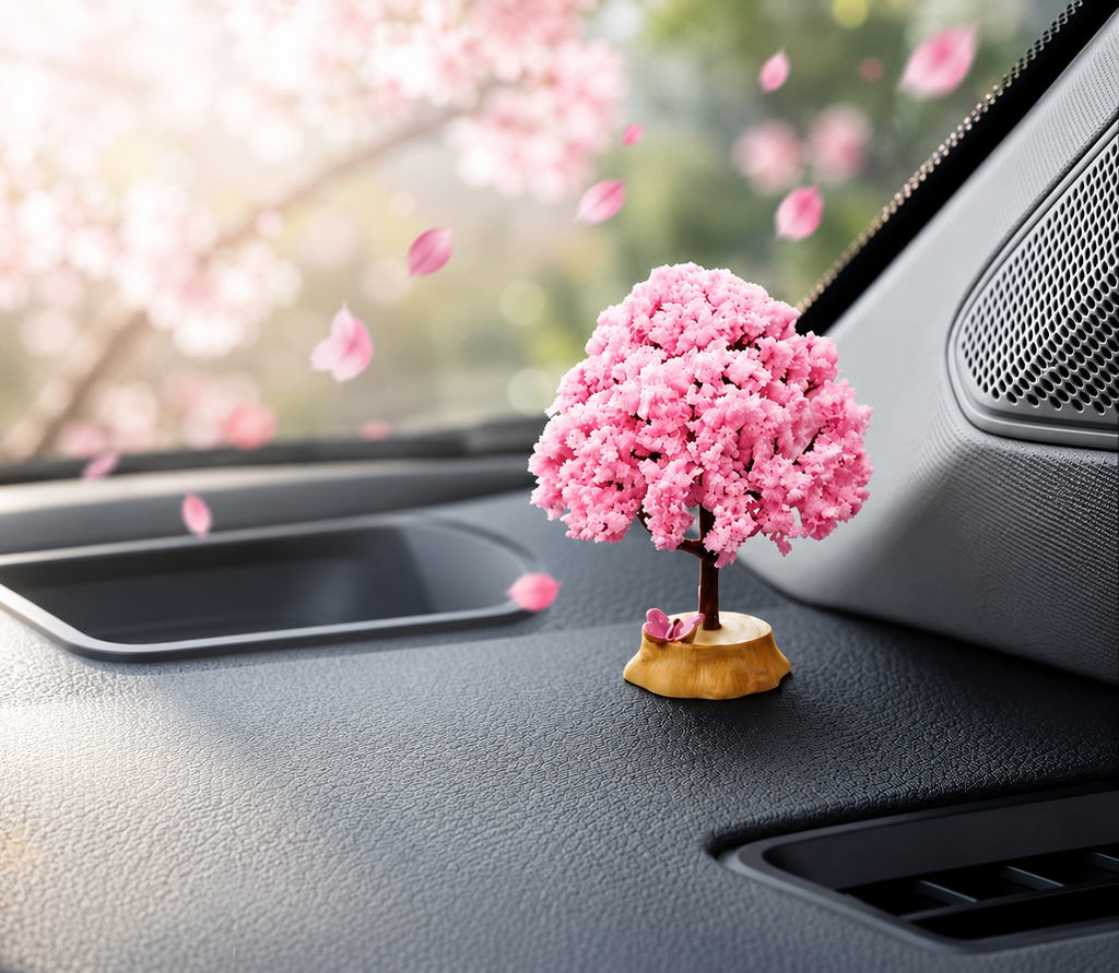 WARMINGO DE Cherry Blossom Car Dashboard Decor Tree for Car Interior | Mini Pink Sakura Bonsai Dashboard Showpiece with Adhesive Glue Patch | Cute Aesthetic Car Accessories for Women & Girls