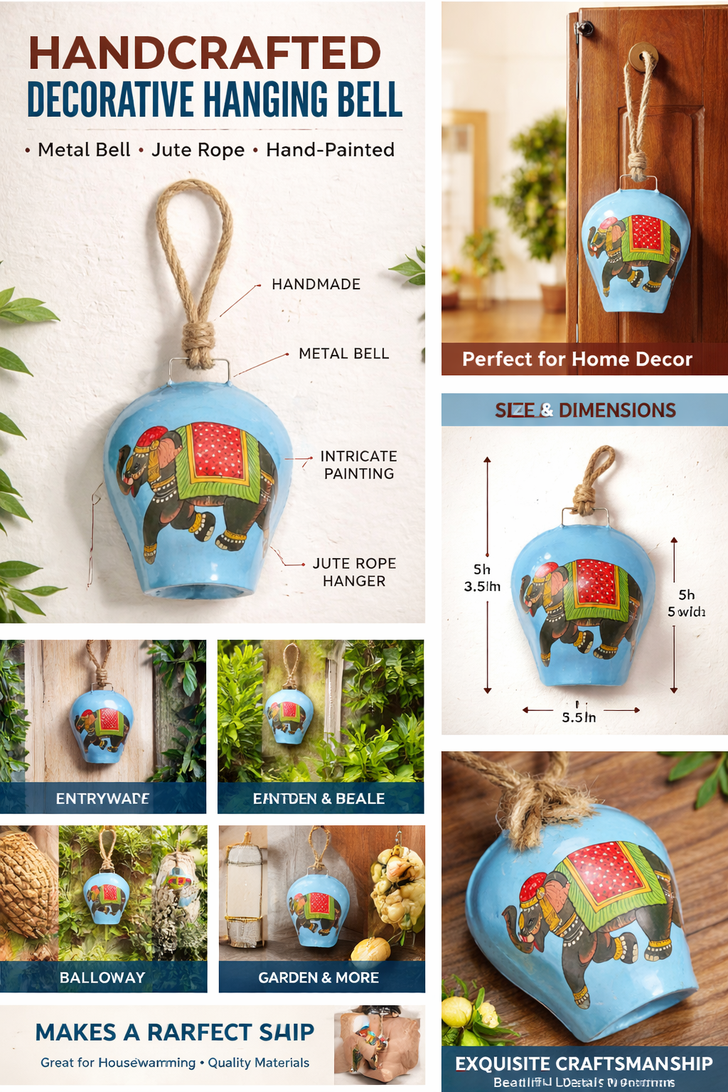 WARMINGO DE Elephant Hanging Bell for Home Decor | Metal Decorative Wall Door Bell with Natural Jute Rope | Vintage Rajasthani Style Wind Chime for Entrance, Living Room, Balcony | Gift Item (BLUE)