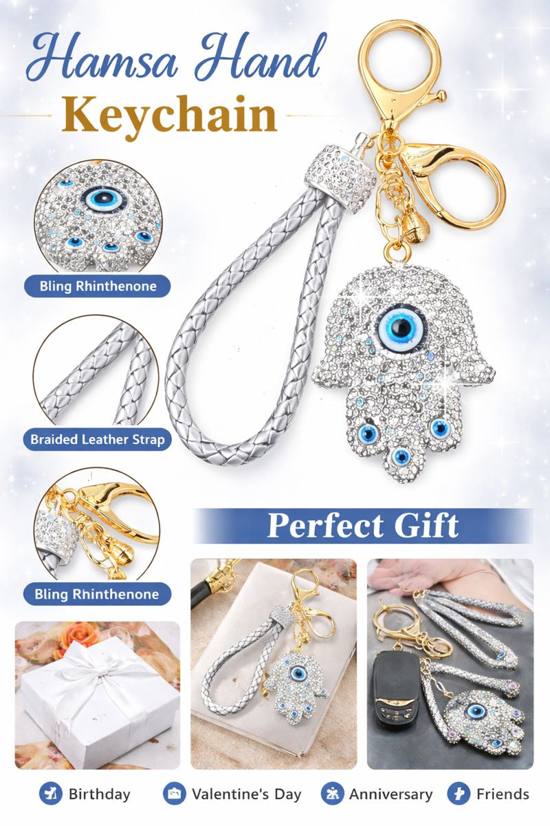 WARMINGO DE Evil Eye Hamsa Hand Keychain | Rhinestone Lucky Charm Key Ring with Braided Leather Strap | Women's Day Gift | Protection Amulet Accessory | Bag Charm Hanging
