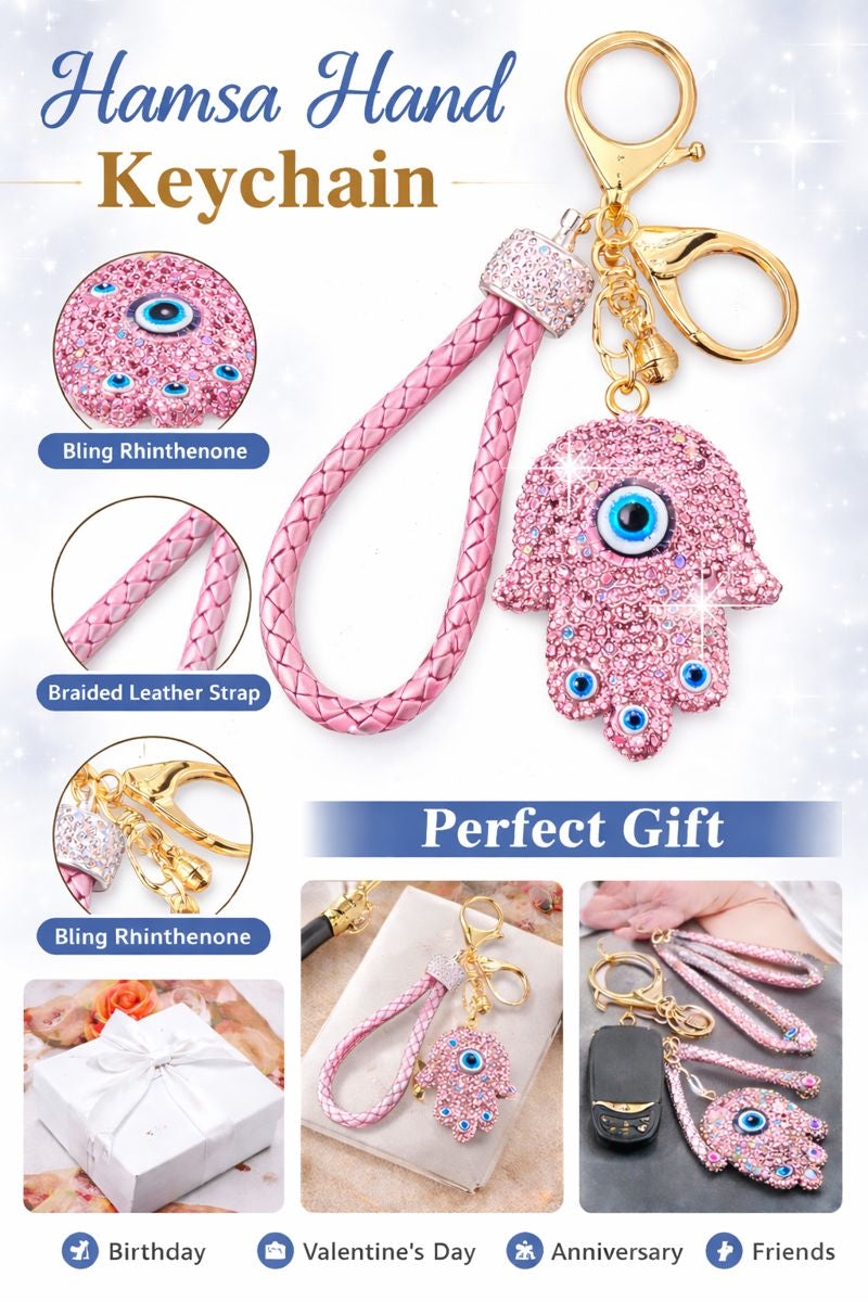 WARMINGO DE Evil Eye Hamsa Hand Keychain | Rhinestone Lucky Charm Key Ring with Braided Leather Strap | Women's Day Gift | Protection Amulet Accessory | Bag Charm Hanging