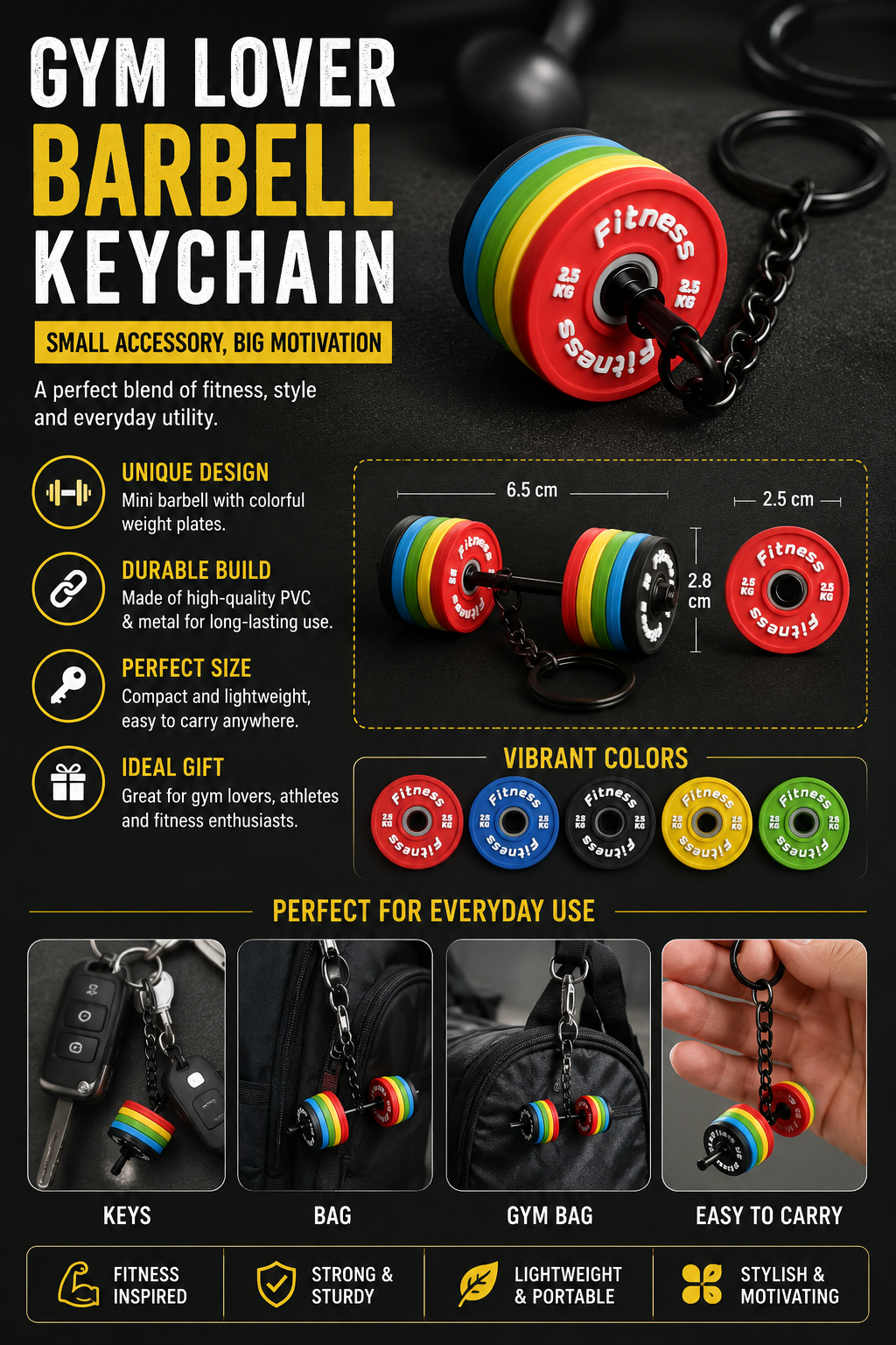 WARMINGO DE Barbell Keychain for Men & Women | Weightlifting Dumbbell Key Ring | Gym Lover Accessories | Fitness Enthusiast Gift | Bodybuilding Workout Bag Charm | Multicolor Keychain