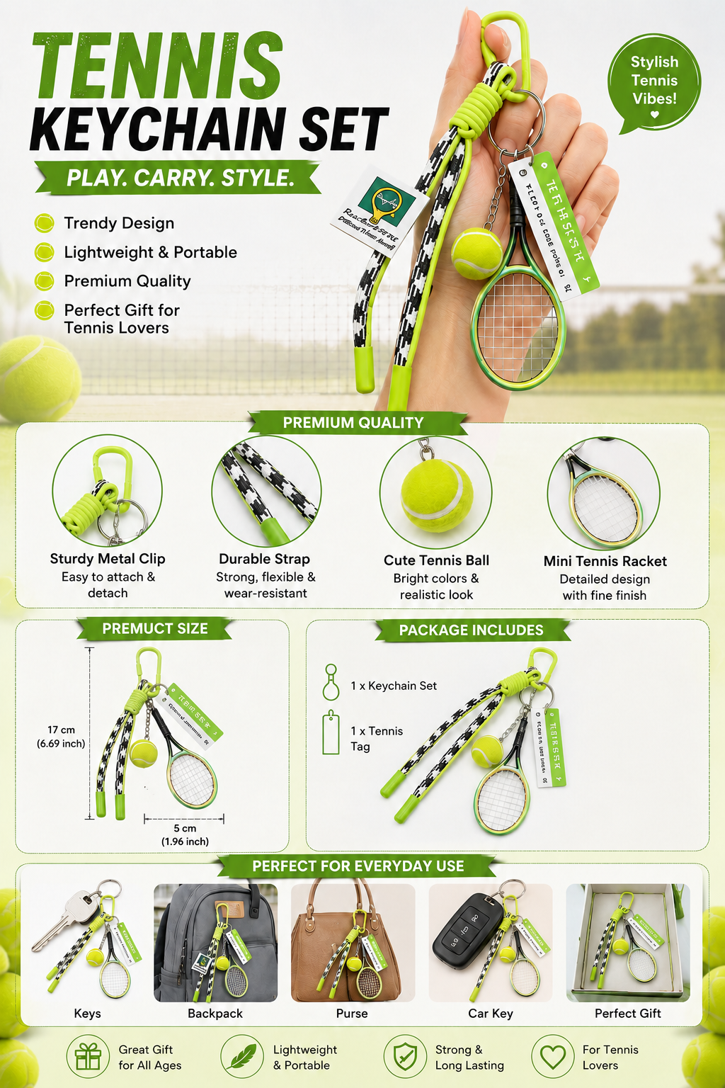 WARMINGO DE Tennis Racket Keychain with Mini Tennis Ball & Strap | Sports-Themed Key Ring for Keys, Backpack, Car Keys & Bags | Gift for Tennis Players, Men, Women & Kids
