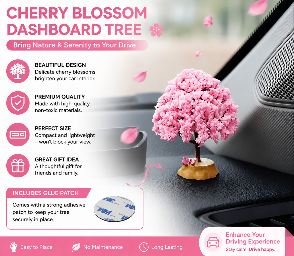 WARMINGO DE Cherry Blossom Car Dashboard Decor Tree for Car Interior | Mini Pink Sakura Bonsai Dashboard Showpiece with Adhesive Glue Patch | Cute Aesthetic Car Accessories for Women & Girls