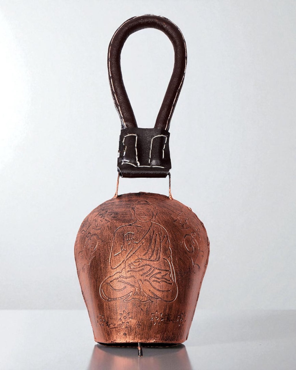 WARMINGO DE Buddha Cow Bell for Home Decoration & Decor | DDLJ Swiss Bell | Religious Spiritual Wall Decor | Copper Antique Metal Bell with Leather Strap| Diwali Gift Item