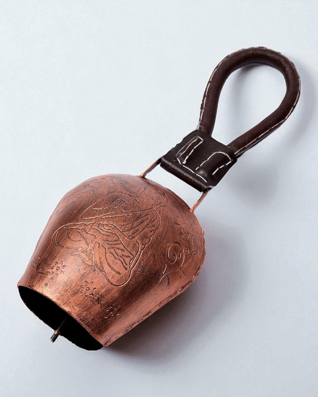 WARMINGO DE Buddha Cow Bell for Home Decoration & Decor | DDLJ Swiss Bell | Religious Spiritual Wall Decor | Copper Antique Metal Bell with Leather Strap| Diwali Gift Item