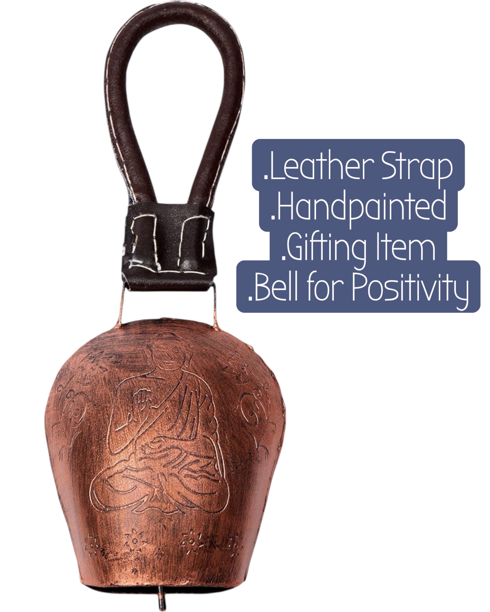 WARMINGO DE Buddha Cow Bell for Home Decoration & Decor | DDLJ Swiss Bell | Religious Spiritual Wall Decor | Copper Antique Metal Bell with Leather Strap| Diwali Gift Item