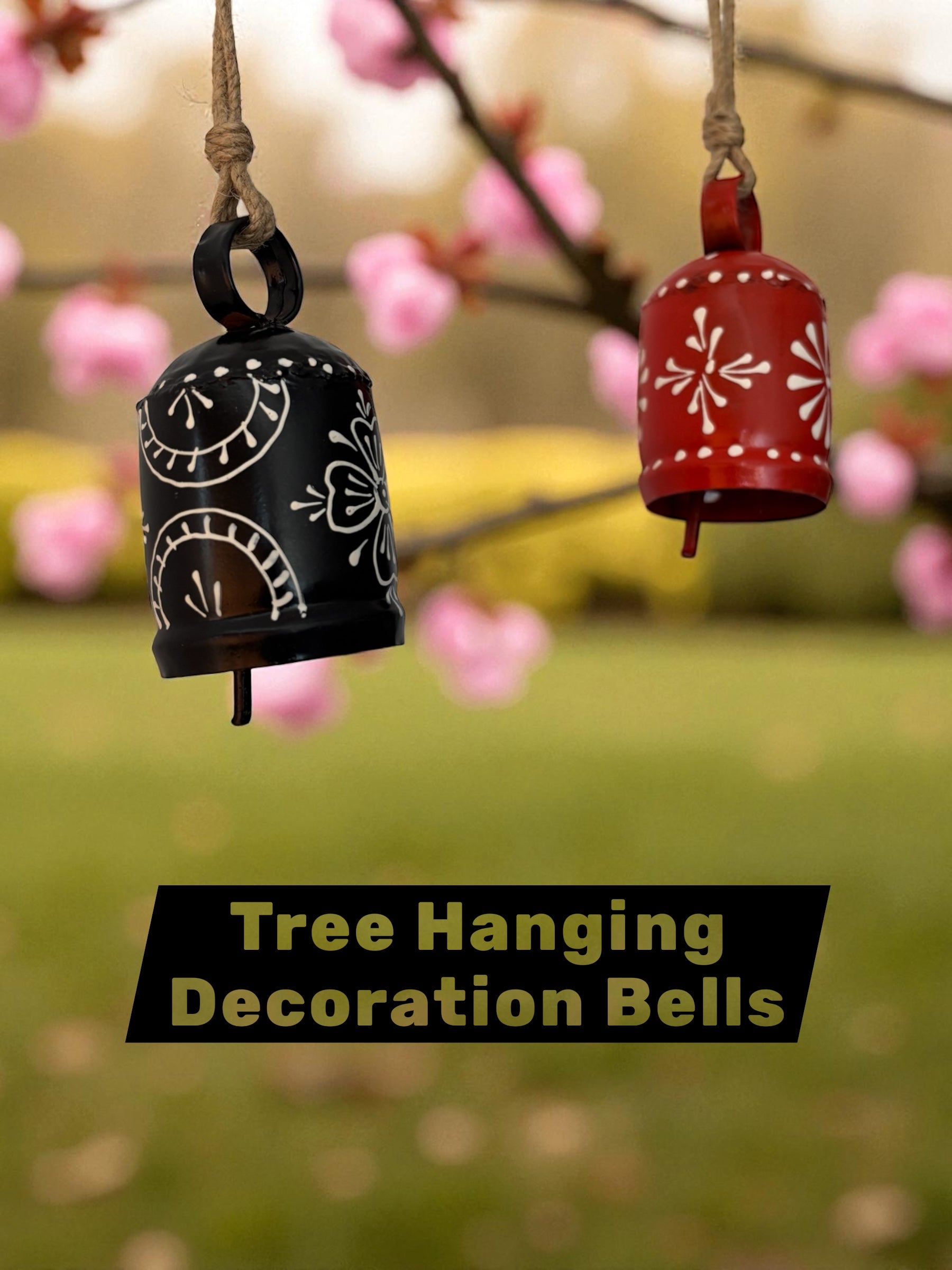 WARMINGO DE 2 PC Bell Wall Hanging Decor | Garden Tree Hanging Bells Decoration | Handpainted Hanging Ornaments for Home Living Room Wind Chime (Black & RED)