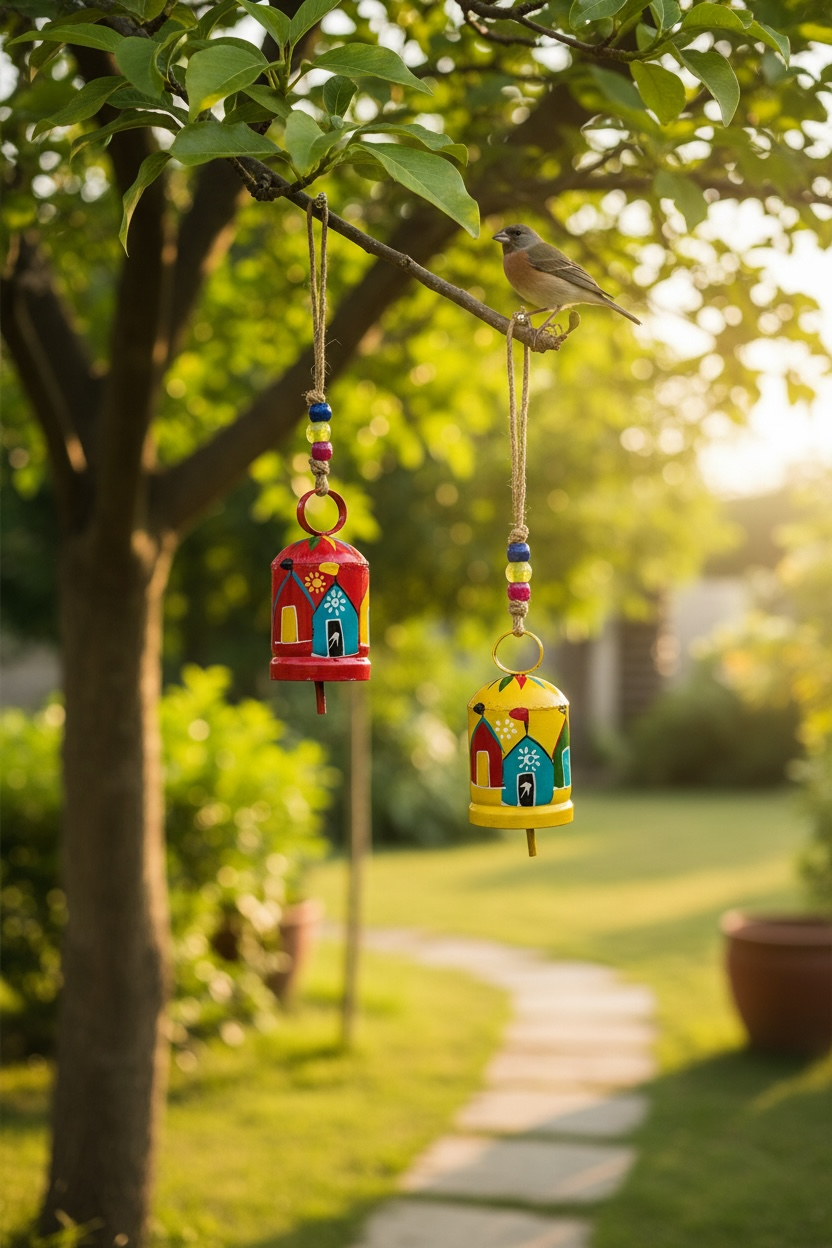 WARMINGO DE 2 Pc Metal Hand-Painted Round Turkish Bell Wind Chime for Home Decor & Gifting
